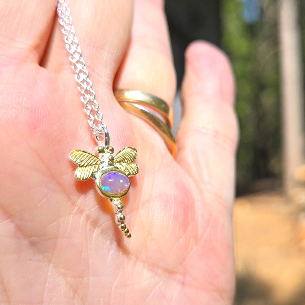 Opal 2k Natural Silver & Gold Dragonfly Necklace 18" - Picture 5 of 9